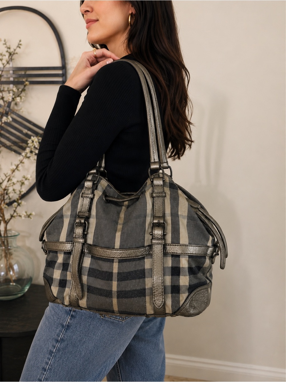 Vintage Burberry Nova Check Shoulder Tote Bag Metallic Pewter Leather Large